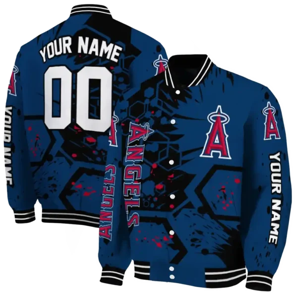 personalized los angeles angels hexagon cluster blue black varsity jacket fashion forward