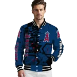 personalized los angeles angels hexagon cluster blue black varsity jacket best selling