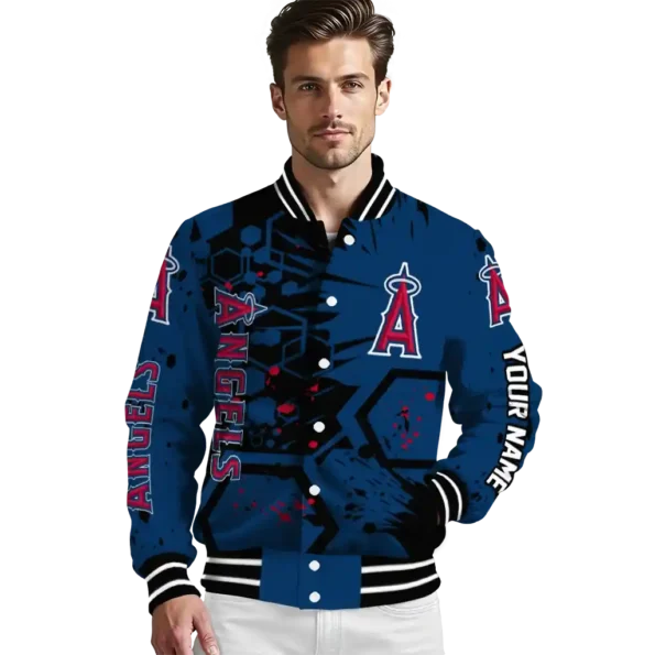 personalized los angeles angels hexagon cluster blue black varsity jacket high quality