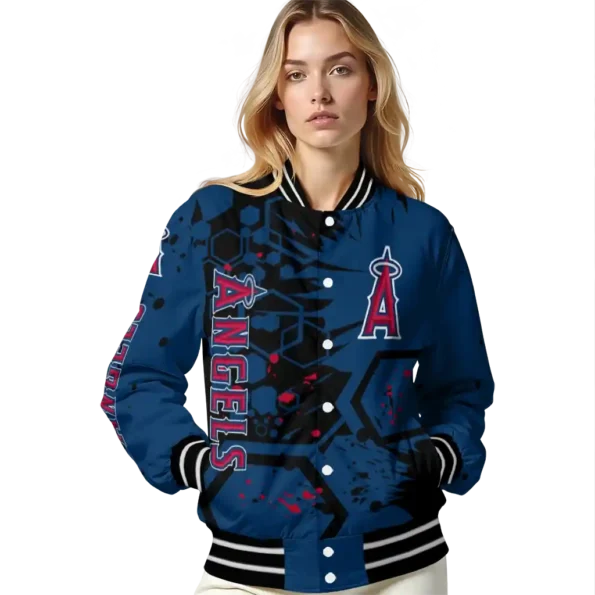 personalized los angeles angels hexagon cluster blue black varsity jacket latest model