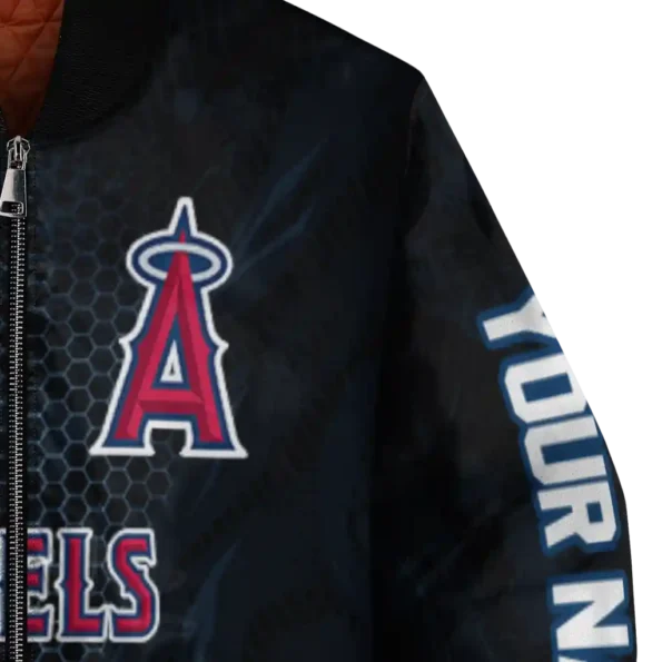 personalized los angeles angels hexagon mesh blue black bomber jacket premium grade