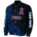 personalized los angeles angels hexagon mesh blue black varsity jacket best selling