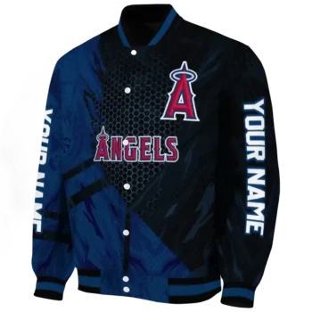 personalized los angeles angels hexagon mesh blue black varsity jacket best selling