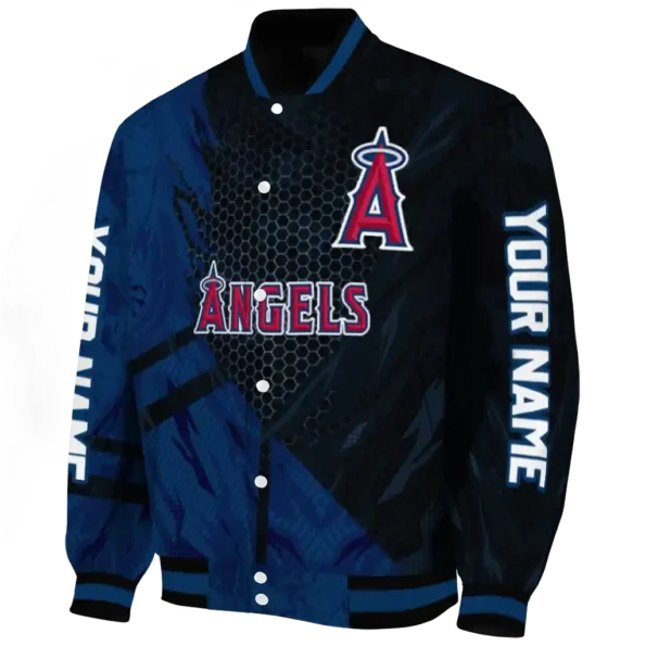 personalized los angeles angels hexagon mesh blue black varsity jacket best selling