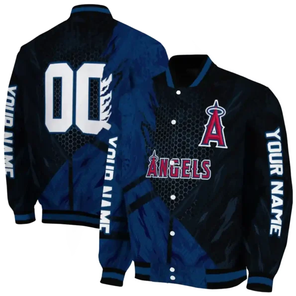 personalized los angeles angels hexagon mesh blue black varsity jacket fashion forward