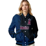 personalized los angeles angels hexagon mesh blue black varsity jacket best selling