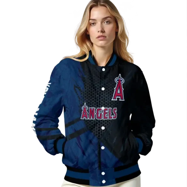 personalized los angeles angels hexagon mesh blue black varsity jacket latest model