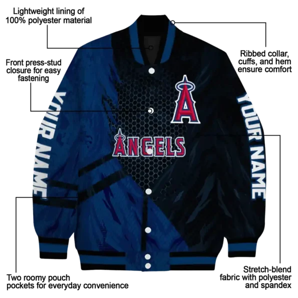 personalized los angeles angels hexagon mesh blue black varsity jacket new arrival