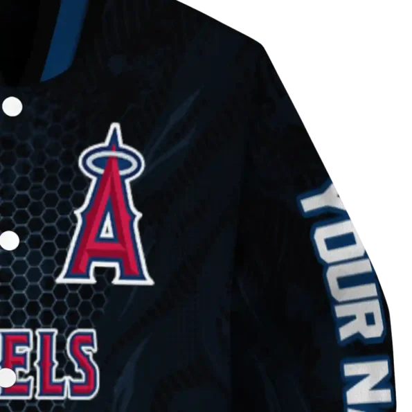 personalized los angeles angels hexagon mesh blue black varsity jacket premium grade