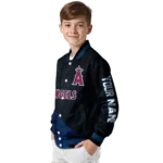 personalized los angeles angels hexagon mesh blue black varsity jacket best selling