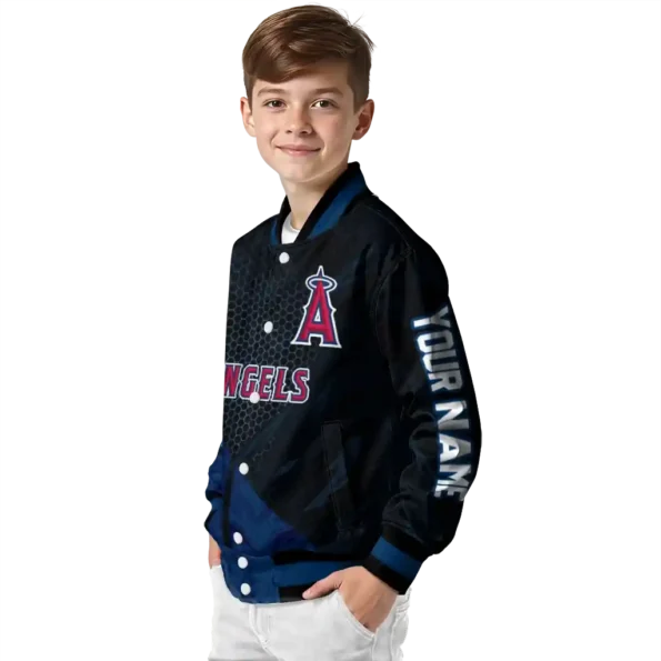 personalized los angeles angels hexagon mesh blue black varsity jacket trendy