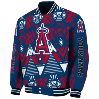 personalized los angeles angels pyramid shapes blue varsity jacket best selling