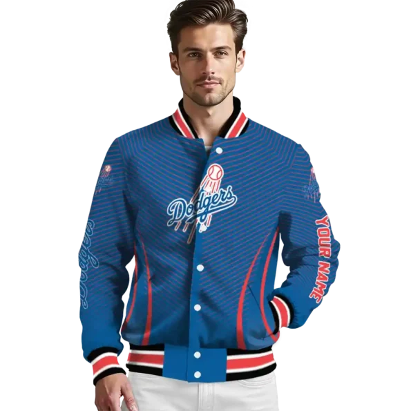 personalized los angeles dodgers chevron arrow blue varsity jacket high quality