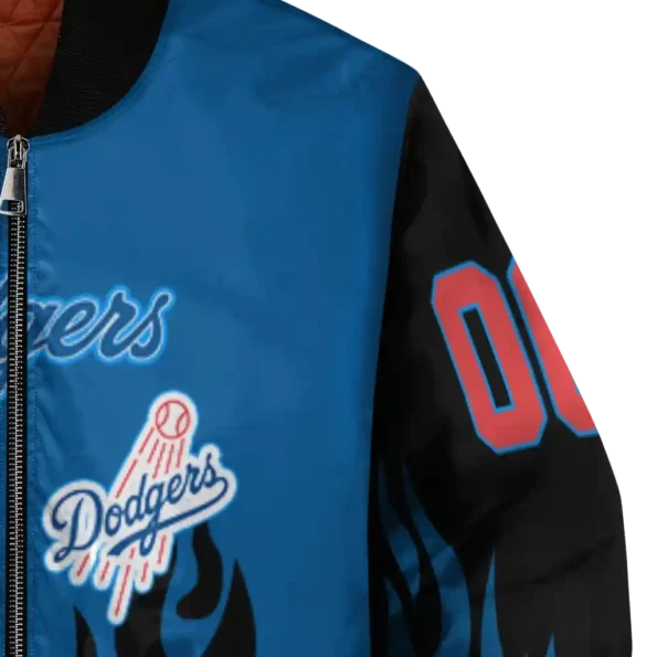 personalized los angeles dodgers flame border blue black bomber jacket premium grade