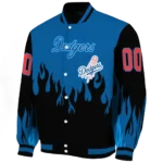 personalized los angeles dodgers flame border blue black varsity jacket best selling