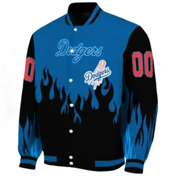 personalized los angeles dodgers flame border blue black varsity jacket best selling