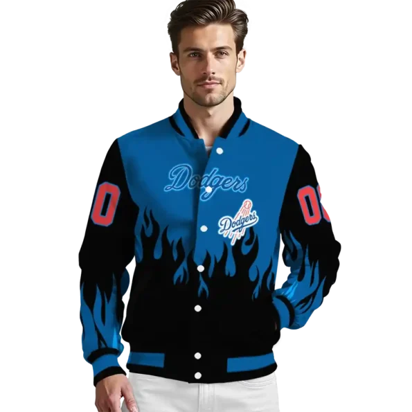 personalized los angeles dodgers flame border blue black varsity jacket high quality