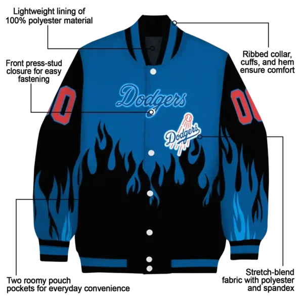 personalized los angeles dodgers flame border blue black varsity jacket new arrival