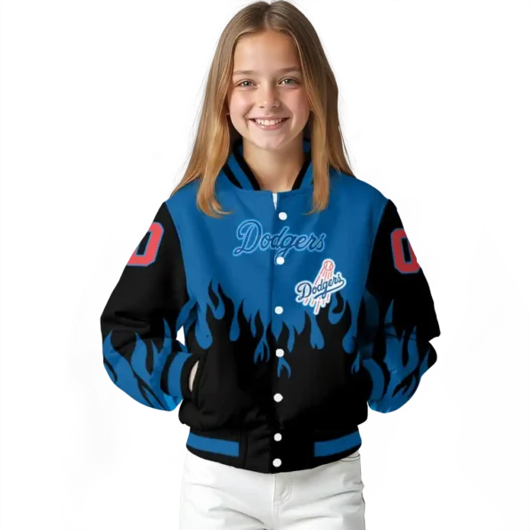 personalized los angeles dodgers flame border blue black varsity jacket top rated