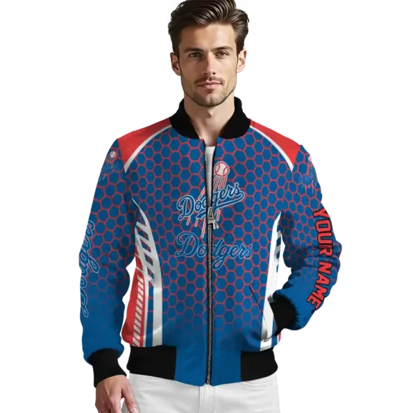 personalized los angeles dodgers hexagon grid blue bomber jacket high quality