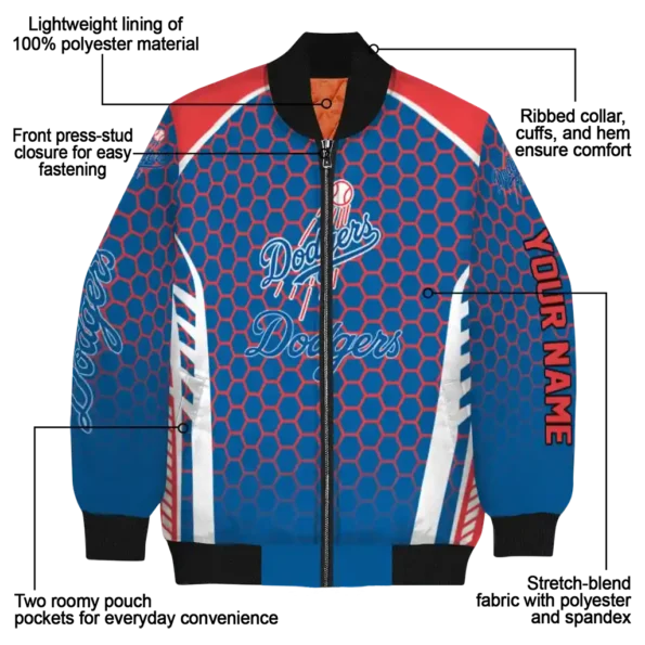 personalized los angeles dodgers hexagon grid blue bomber jacket new arrival
