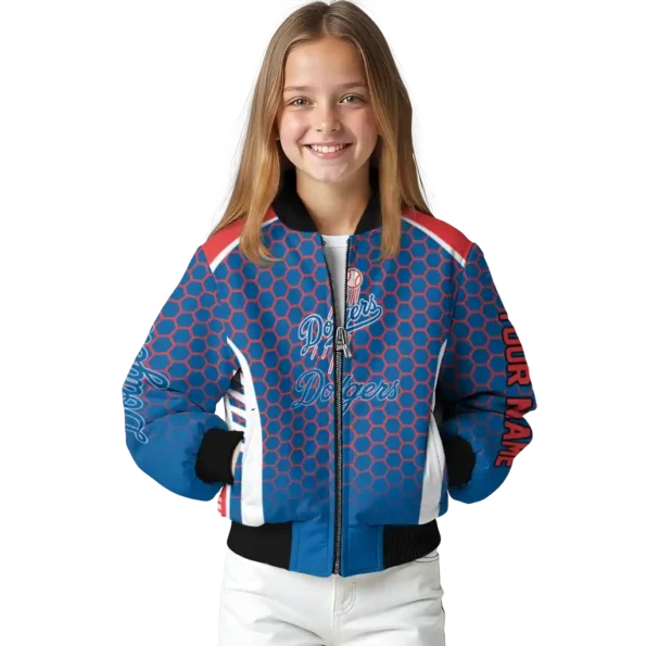 personalized los angeles dodgers hexagon grid blue bomber jacket top rated