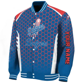 personalized los angeles dodgers hexagon grid blue varsity jacket best selling