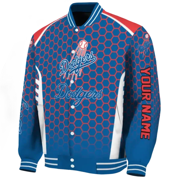 personalized los angeles dodgers hexagon grid blue varsity jacket best selling