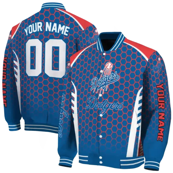 personalized los angeles dodgers hexagon grid blue varsity jacket fashion forward
