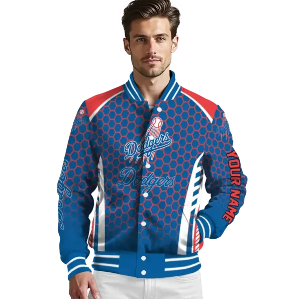 personalized los angeles dodgers hexagon grid blue varsity jacket high quality