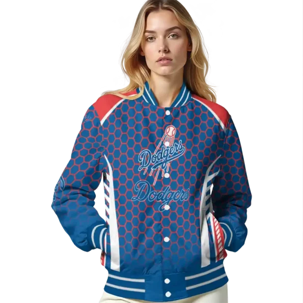 personalized los angeles dodgers hexagon grid blue varsity jacket latest model