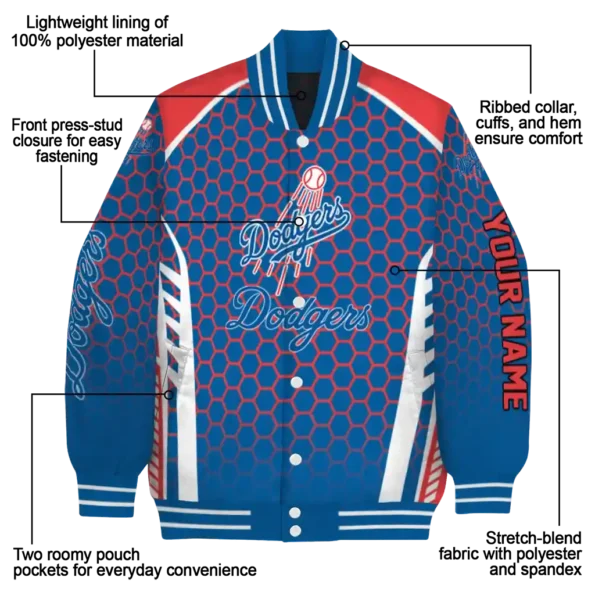 personalized los angeles dodgers hexagon grid blue varsity jacket new arrival