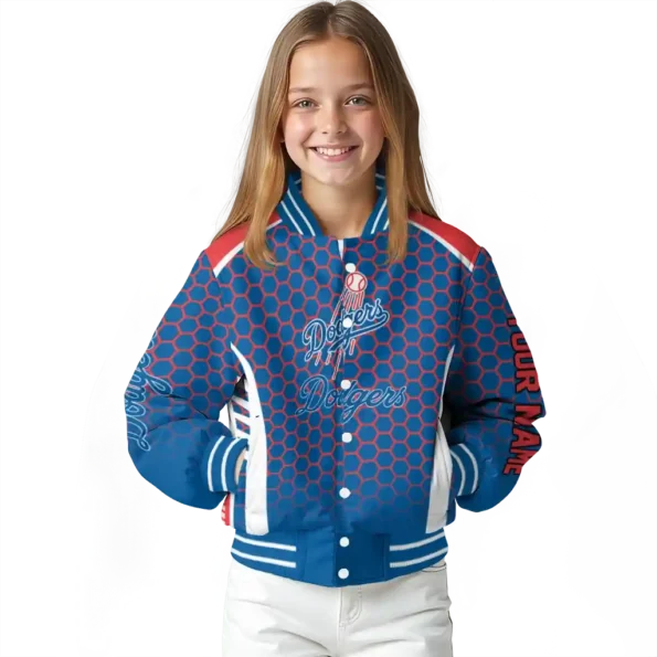 personalized los angeles dodgers hexagon grid blue varsity jacket top rated