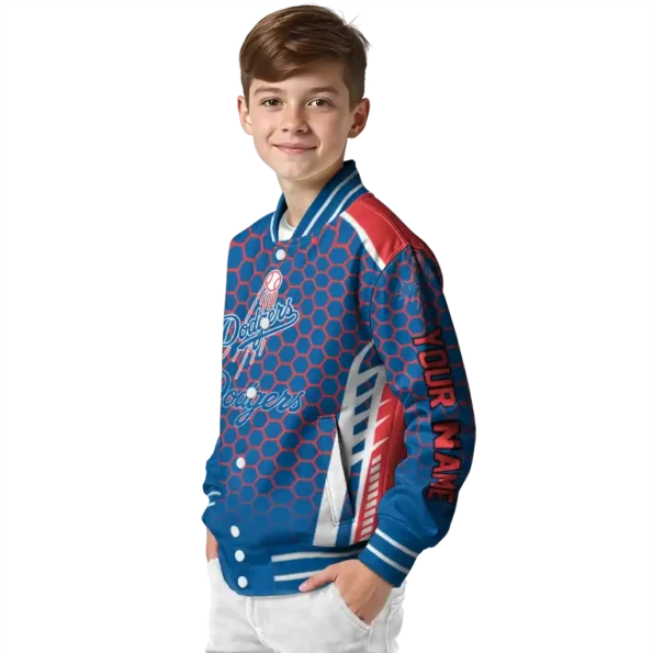 personalized los angeles dodgers hexagon grid blue varsity jacket trendy