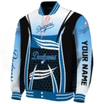 personalized los angeles dodgers mesh effect blue black varsity jacket best selling
