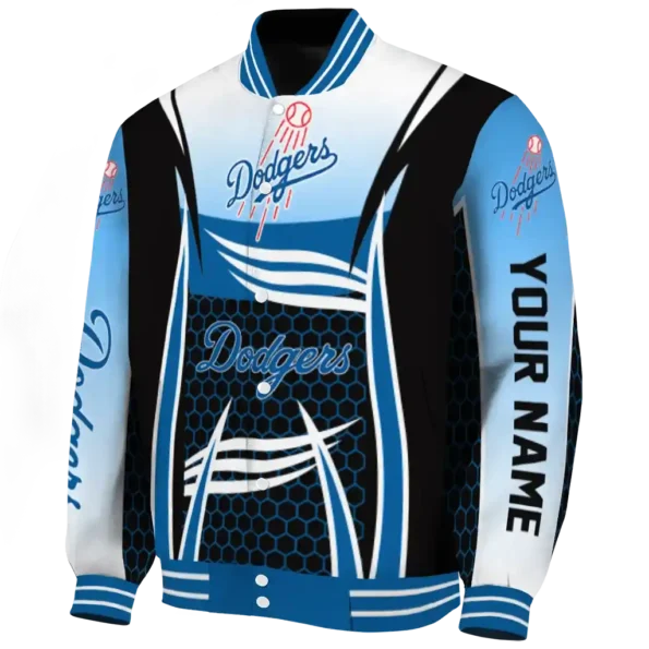 personalized los angeles dodgers mesh effect blue black varsity jacket best selling