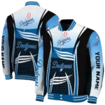 personalized los angeles dodgers mesh effect blue black varsity jacket best selling