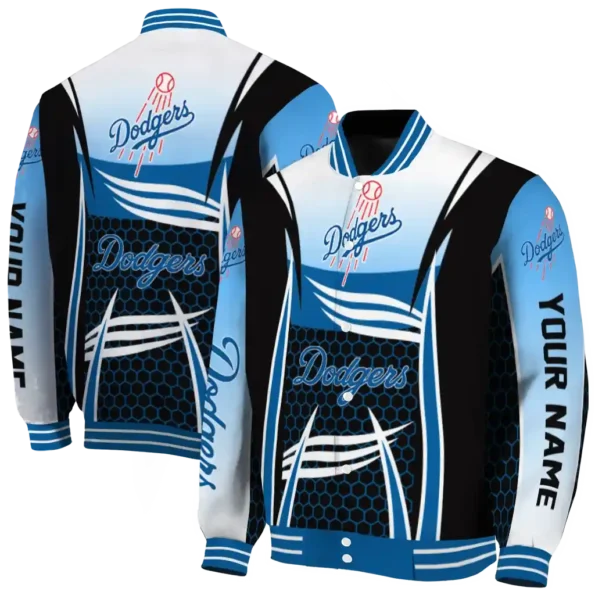 personalized los angeles dodgers mesh effect blue black varsity jacket fashion forward