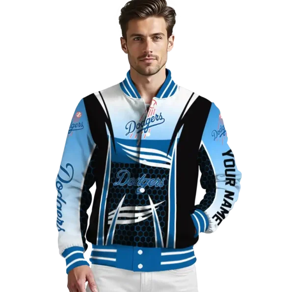 personalized los angeles dodgers mesh effect blue black varsity jacket high quality