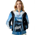 personalized los angeles dodgers mesh effect blue black varsity jacket best selling