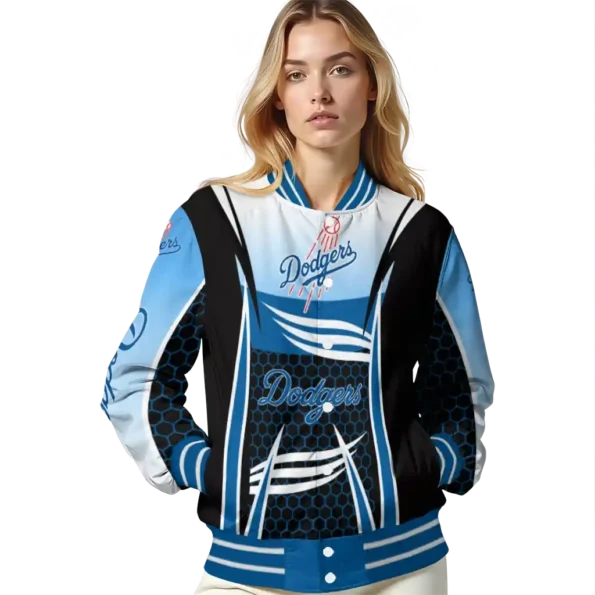 personalized los angeles dodgers mesh effect blue black varsity jacket latest model