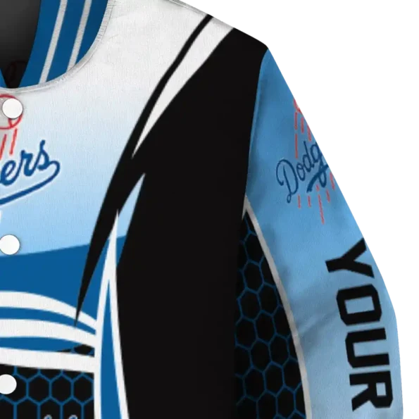 personalized los angeles dodgers mesh effect blue black varsity jacket premium grade