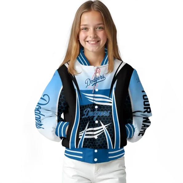 personalized los angeles dodgers mesh effect blue black varsity jacket top rated