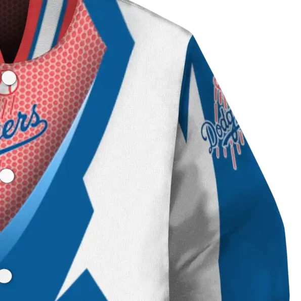 personalized los angeles dodgers v stripes blue white varsity jacket premium grade