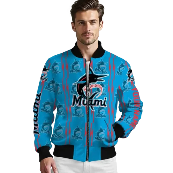personalized miami marlins bolt stripe blue bomber jacket high quality