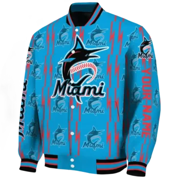 personalized miami marlins bolt stripe blue varsity jacket best selling