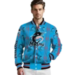 personalized miami marlins bolt stripe blue varsity jacket best selling