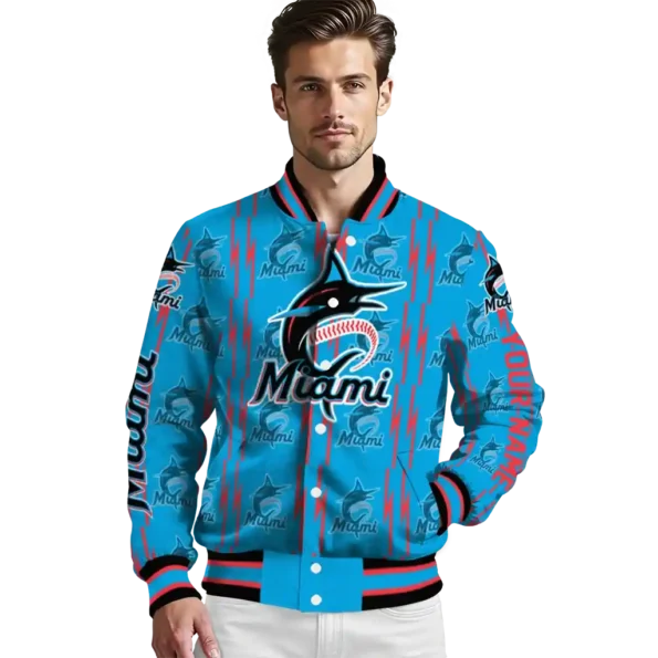 personalized miami marlins bolt stripe blue varsity jacket high quality