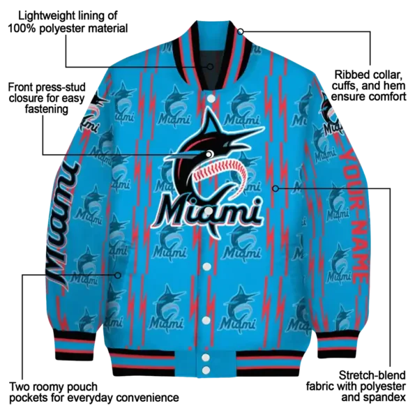 personalized miami marlins bolt stripe blue varsity jacket new arrival