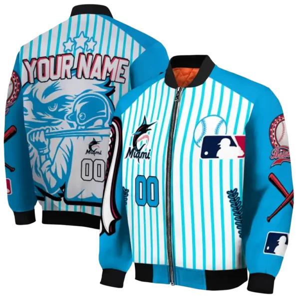 personalized miami marlins eagle baseball blue white bomber jacket fashion forward